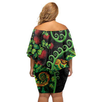 New Zealand Koru Plants and Pohutukawa Family Matching Off Shoulder Short Dress and Hawaiian Shirt Maori Tattoo Pattern