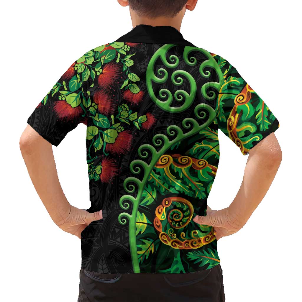 New Zealand Koru Plants and Pohutukawa Family Matching Puletasi and Hawaiian Shirt Maori Tattoo Pattern