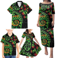 New Zealand Koru Plants and Pohutukawa Family Matching Puletasi and Hawaiian Shirt Maori Tattoo Pattern