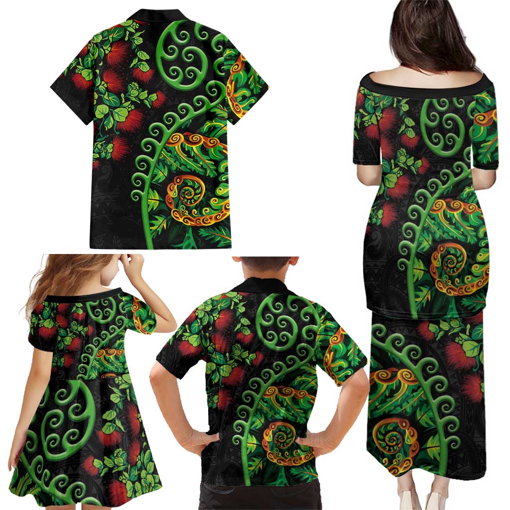 New Zealand Koru Plants and Pohutukawa Family Matching Puletasi and Hawaiian Shirt Maori Tattoo Pattern