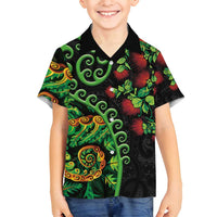 New Zealand Koru Plants and Pohutukawa Family Matching Puletasi and Hawaiian Shirt Maori Tattoo Pattern