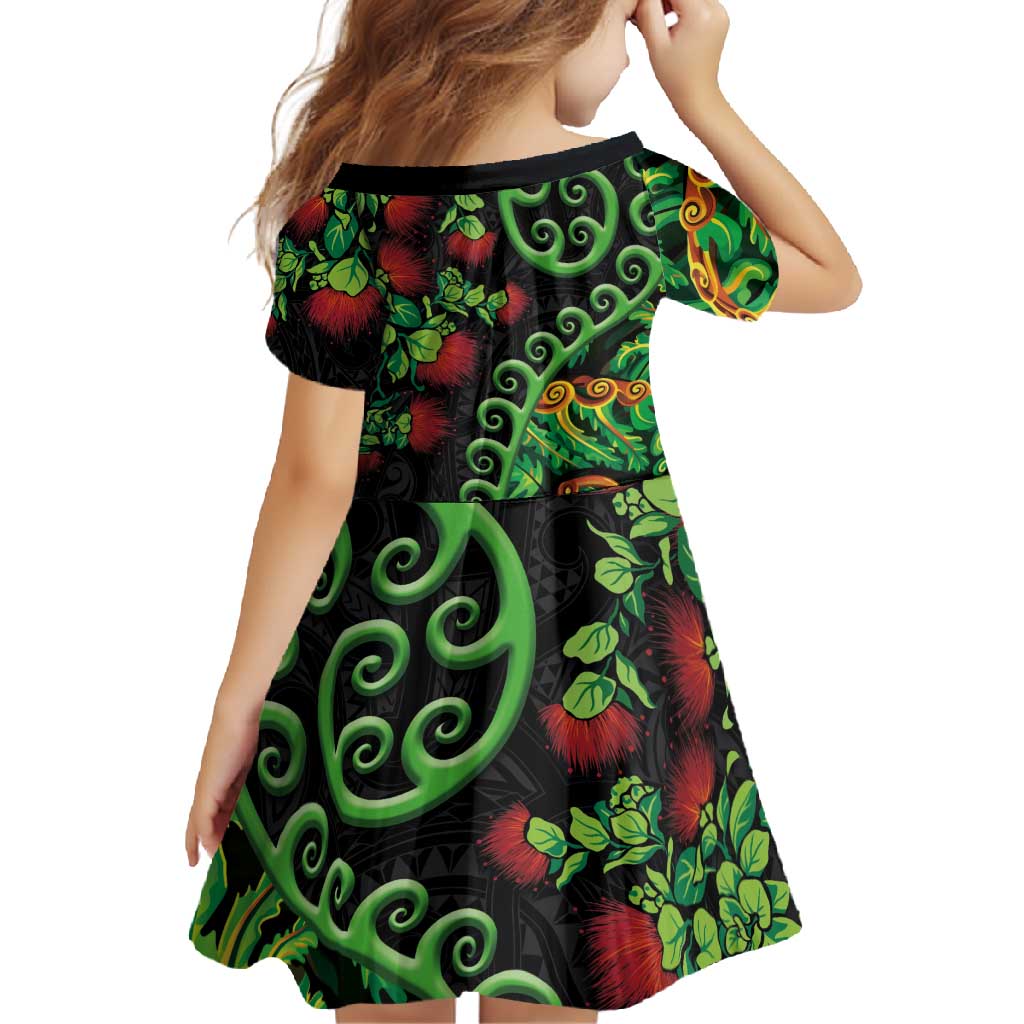 New Zealand Koru Plants and Pohutukawa Family Matching Short Sleeve Bodycon Dress and Hawaiian Shirt Maori Tattoo Pattern