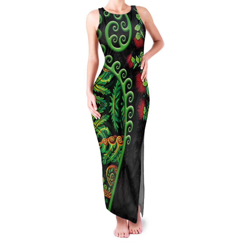 New Zealand Koru Plants and Pohutukawa Family Matching Tank Maxi Dress and Hawaiian Shirt Maori Tattoo Pattern