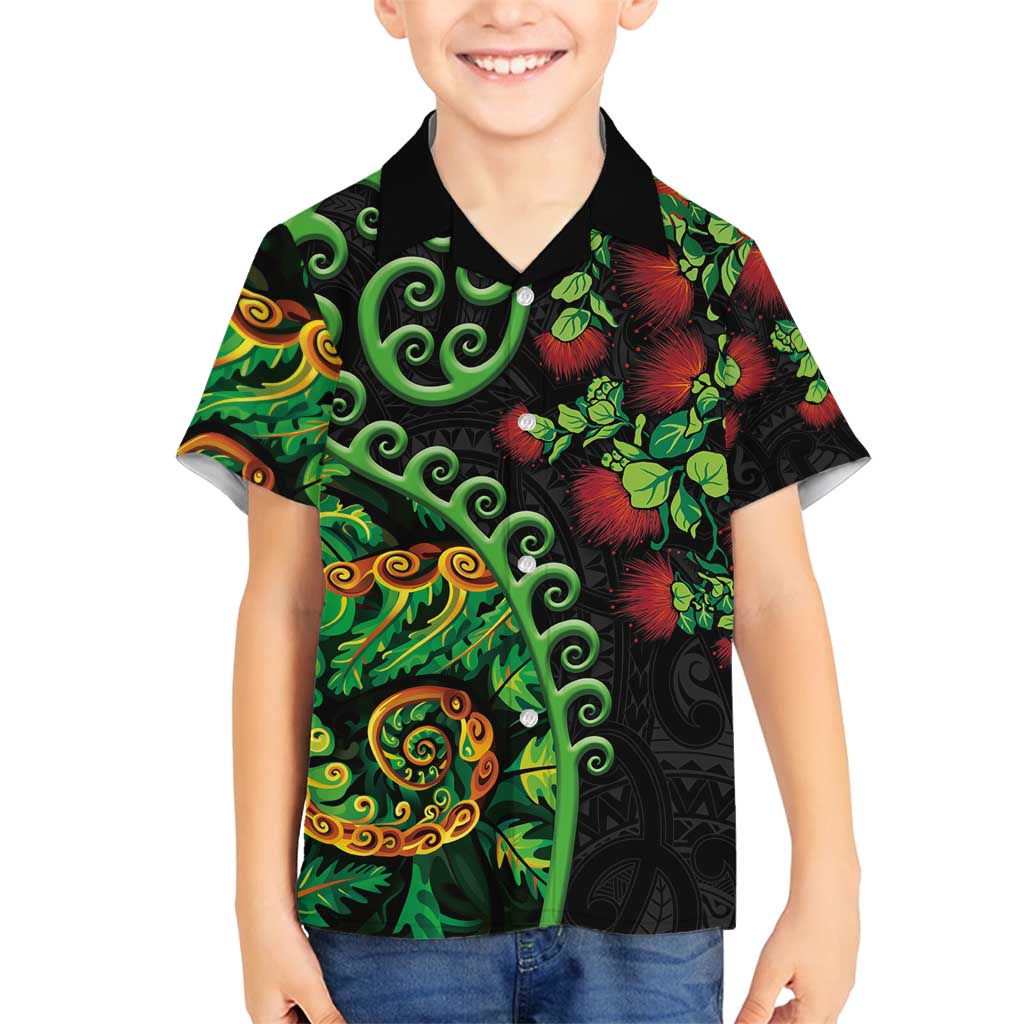 New Zealand Koru Plants and Pohutukawa Family Matching Tank Maxi Dress and Hawaiian Shirt Maori Tattoo Pattern