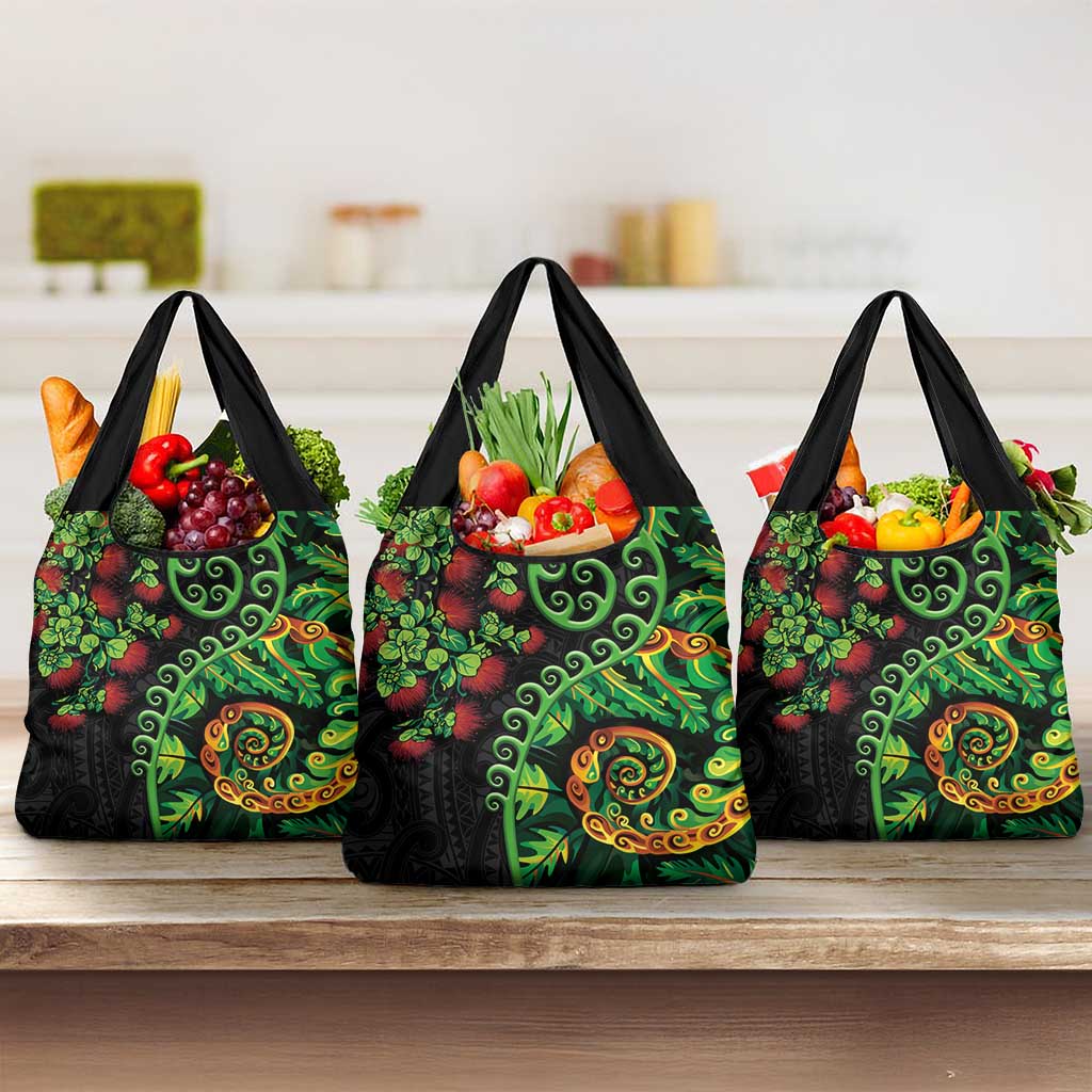 New Zealand Koru Plants and Pohutukawa Grocery Bag Maori Tattoo Pattern