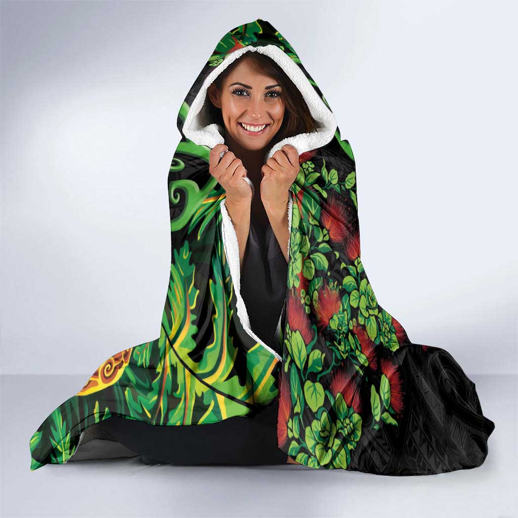 New Zealand Koru Plants and Pohutukawa Hooded Blanket Maori Tattoo Pattern