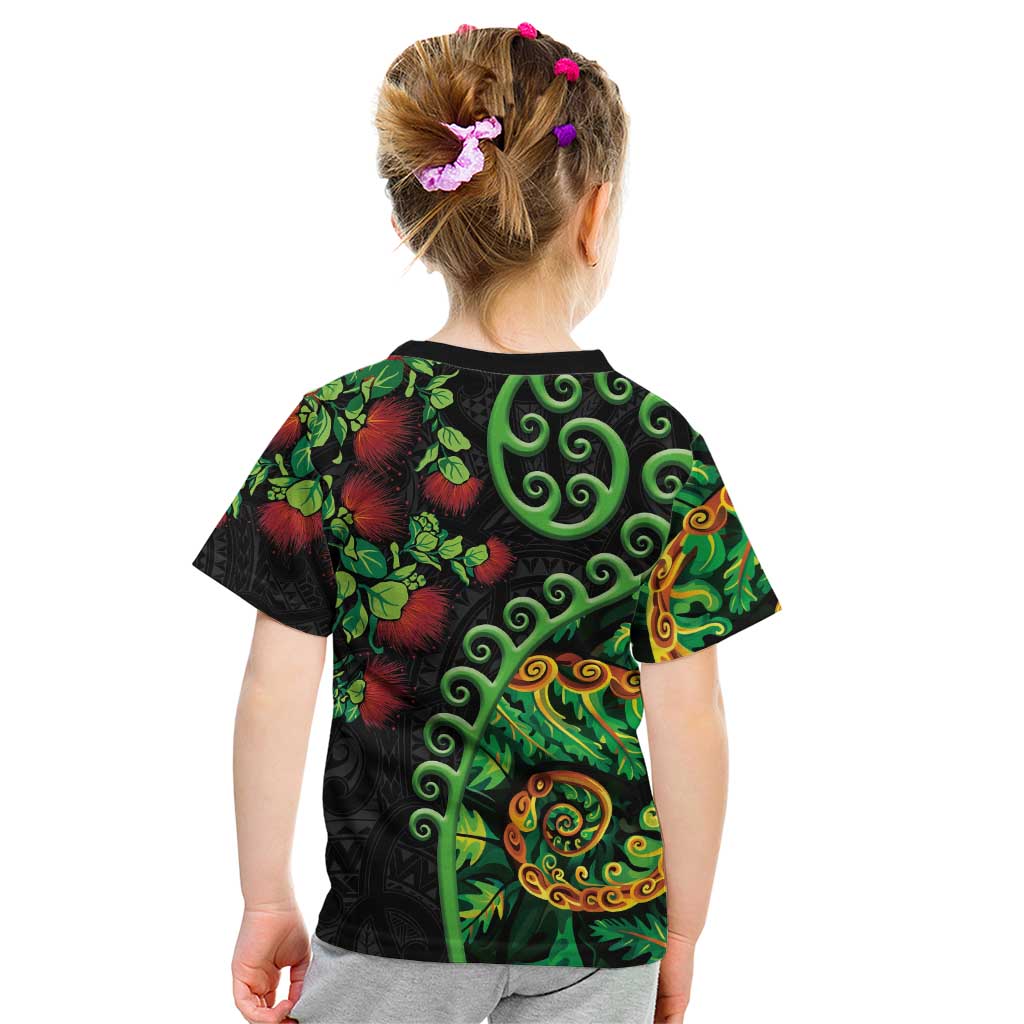 New Zealand Koru Plants and Pohutukawa Kid T Shirt Maori Tattoo Pattern