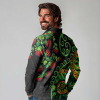 New Zealand Koru Plants and Pohutukawa Long Sleeve Polo Shirt Maori Tattoo Pattern