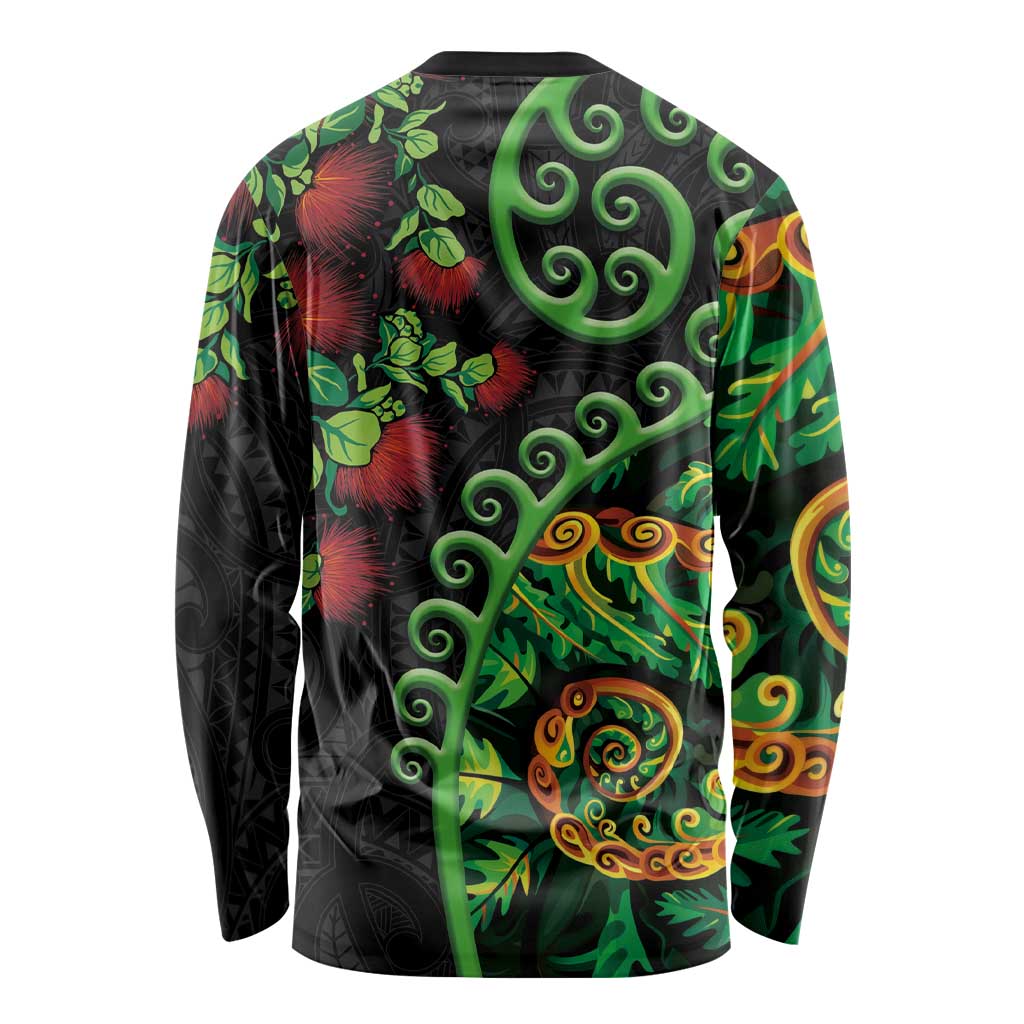 New Zealand Koru Plants and Pohutukawa Long Sleeve Shirt Maori Tattoo Pattern