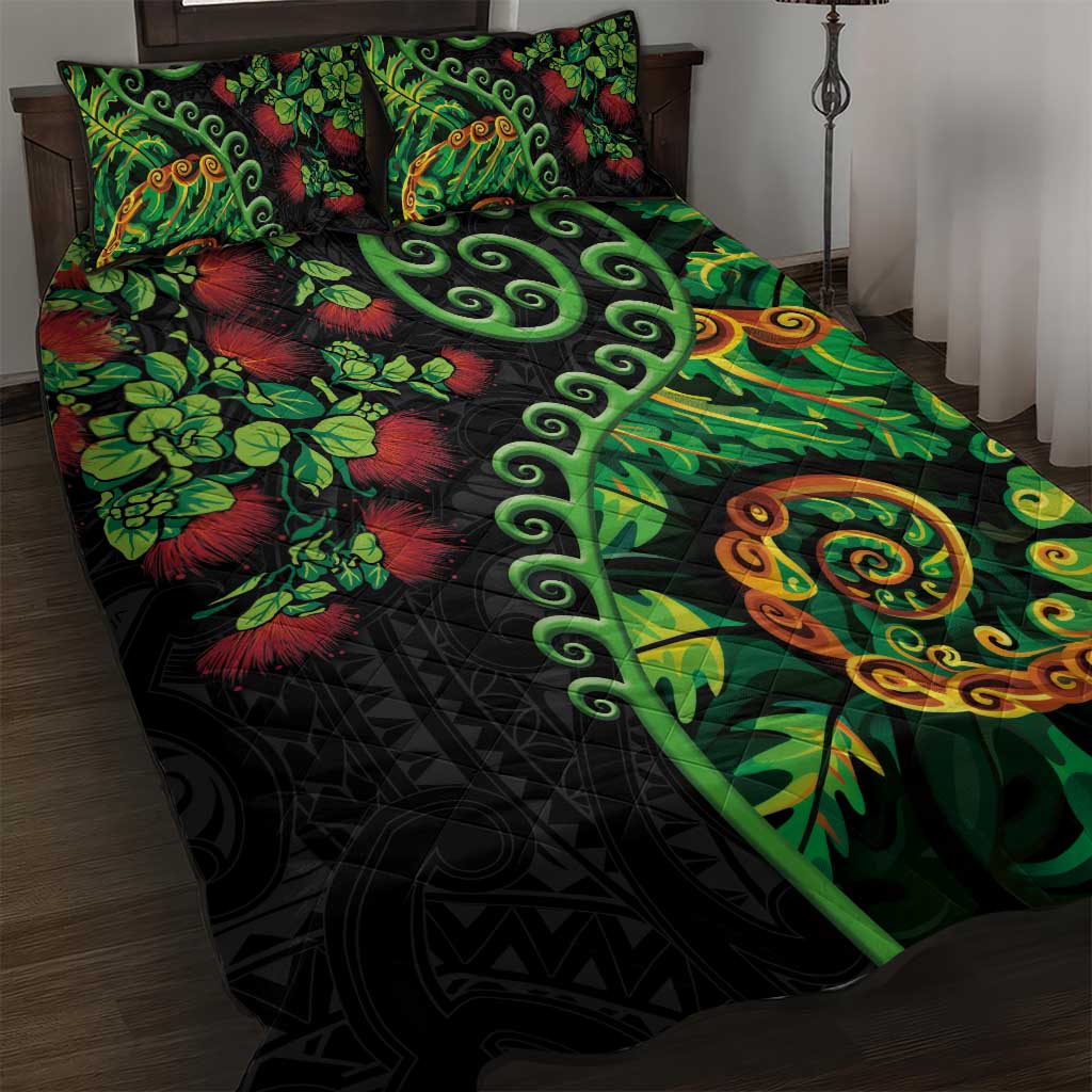 New Zealand Koru Plants and Pohutukawa Quilt Bed Set Maori Tattoo Pattern