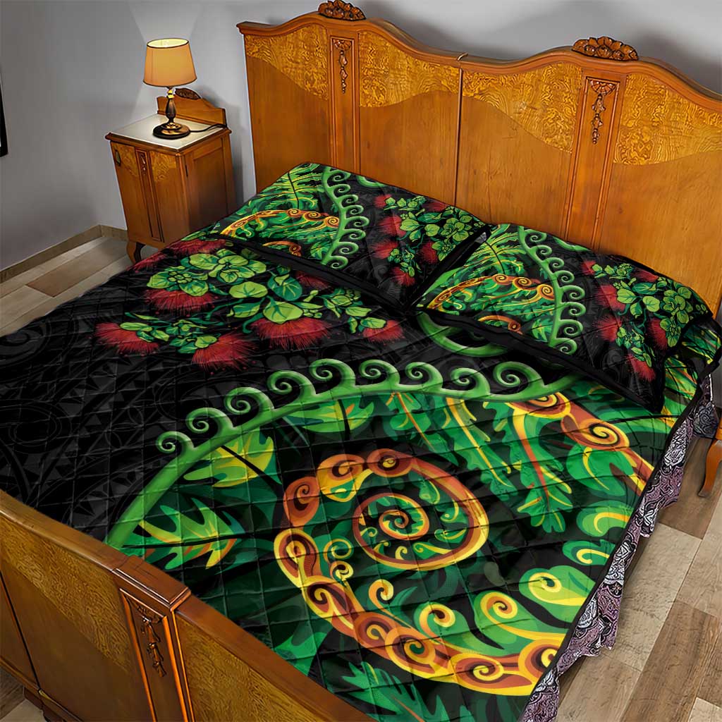 New Zealand Koru Plants and Pohutukawa Quilt Bed Set Maori Tattoo Pattern
