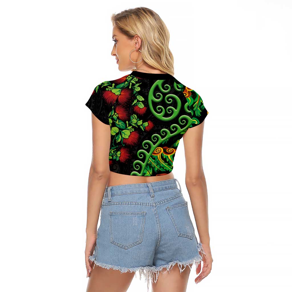 New Zealand Koru Plants and Pohutukawa Raglan Cropped T Shirt Maori Tattoo Pattern