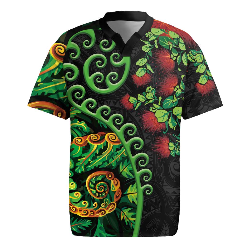 New Zealand Koru Plants and Pohutukawa Rugby Jersey Maori Tattoo Pattern