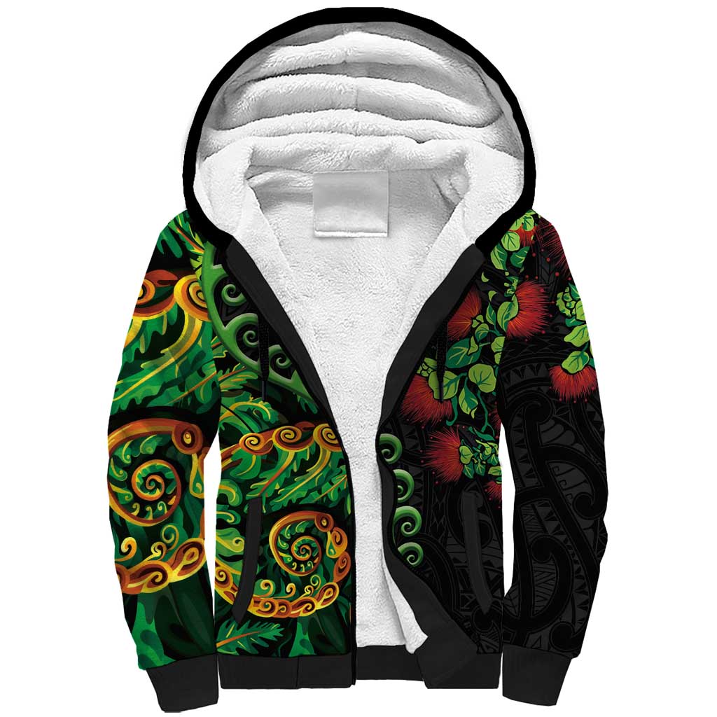 New Zealand Koru Plants and Pohutukawa Sherpa Hoodie Maori Tattoo Pattern