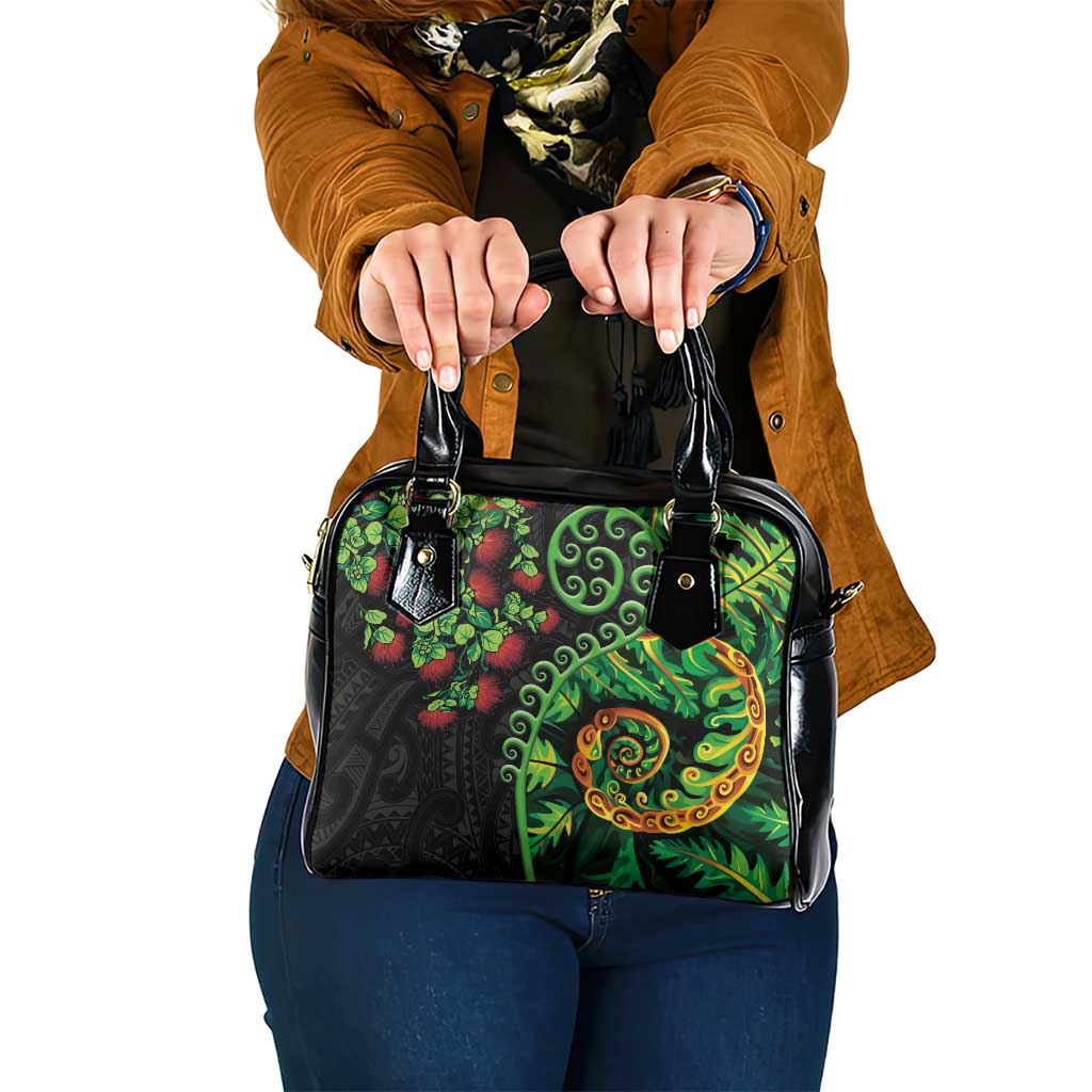 New Zealand Koru Plants and Pohutukawa Shoulder Handbag Maori Tattoo Pattern LT03 One Size Black - Polynesian Pride