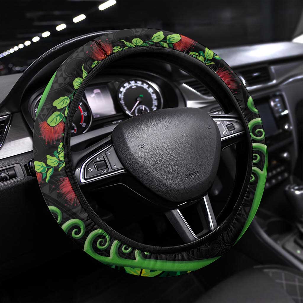 New Zealand Koru Plants and Pohutukawa Steering Wheel Cover Maori Tattoo Pattern
