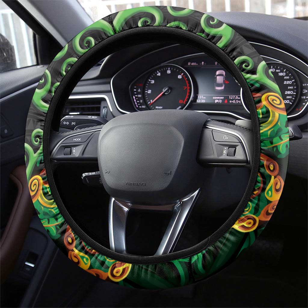 New Zealand Koru Plants and Pohutukawa Steering Wheel Cover Maori Tattoo Pattern