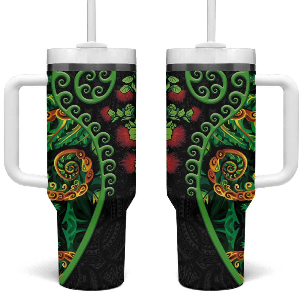 New Zealand Koru Plants and Pohutukawa Tumbler With Handle Maori Tattoo Pattern