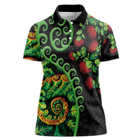 New Zealand Koru Plants and Pohutukawa Women Polo Shirt Maori Tattoo Pattern