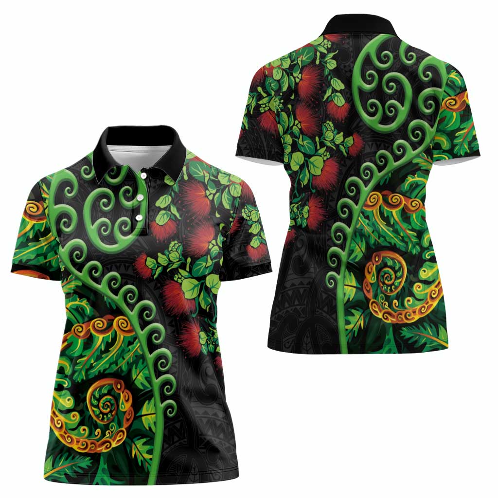 New Zealand Koru Plants and Pohutukawa Women Polo Shirt Maori Tattoo Pattern
