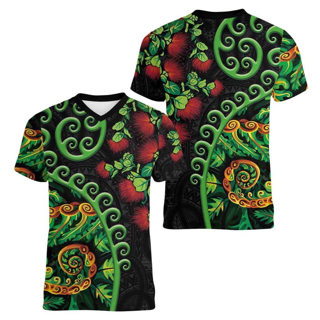 New Zealand Koru Plants and Pohutukawa Women V-Neck T-Shirt Maori Tattoo Pattern