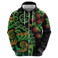 New Zealand Koru Plants and Pohutukawa Zip Hoodie Maori Tattoo Pattern