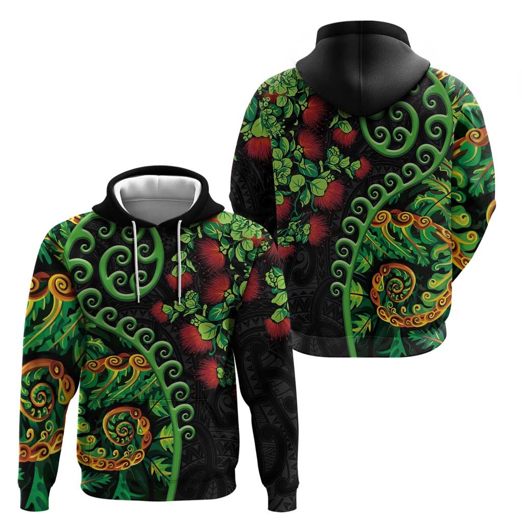New Zealand Koru Plants and Pohutukawa Zip Hoodie Maori Tattoo Pattern