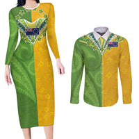 Cook Islands Language Week Couples Matching Long Sleeve Bodycon Dress and Long Sleeve Button Shirt Tatau Pattern and Rarotongan Alphabet - Polynesian Pride