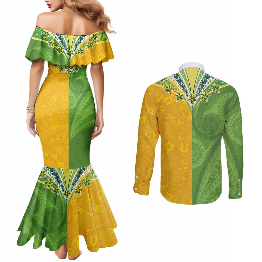 Cook Islands Language Week Couples Matching Mermaid Dress and Long Sleeve Button Shirt Tatau Pattern and Rarotongan Alphabet - Polynesian Pride