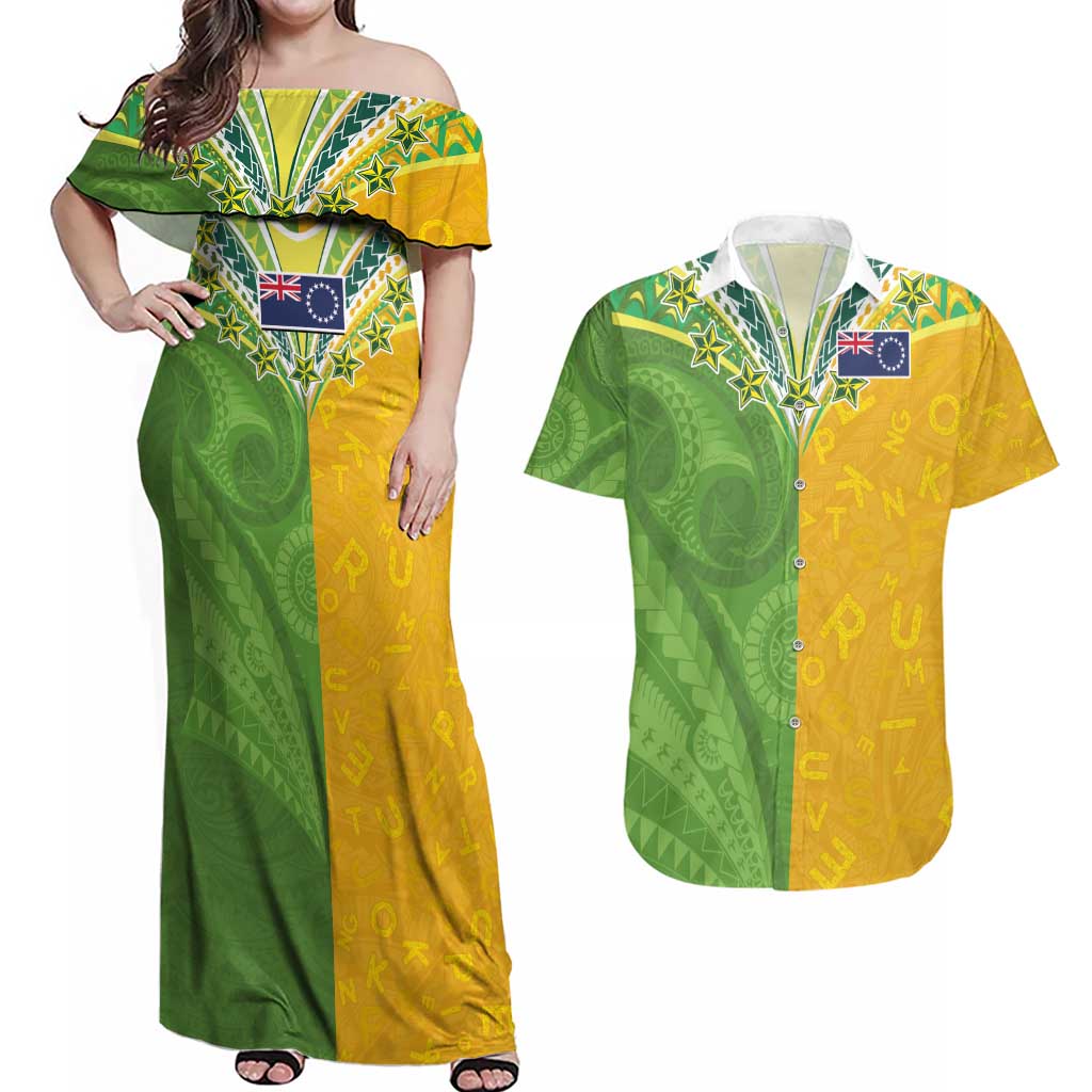 Cook Islands Language Week Couples Matching Off Shoulder Maxi Dress and Hawaiian Shirt Tatau Pattern and Rarotongan Alphabet - Polynesian Pride
