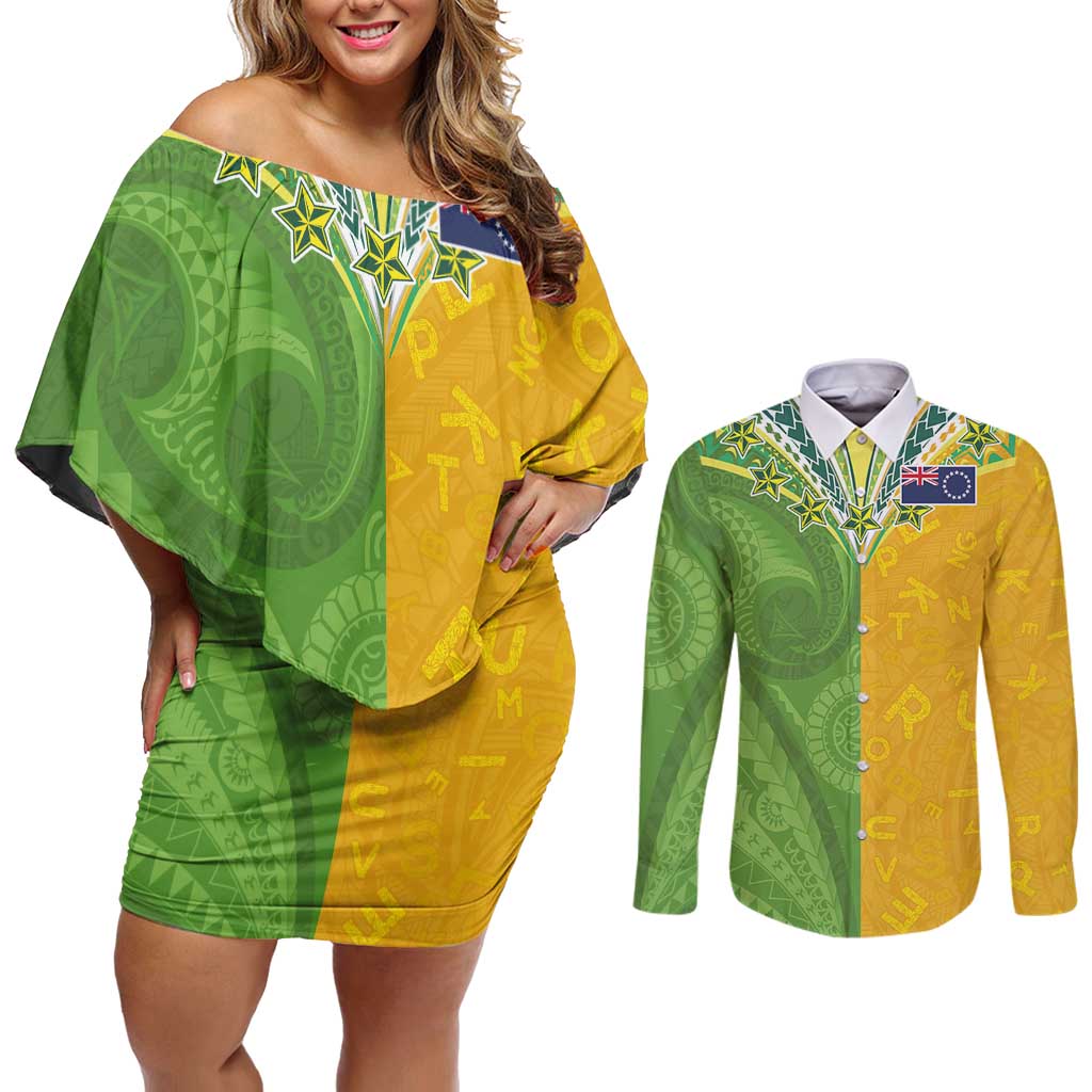 Cook Islands Language Week Couples Matching Off Shoulder Short Dress and Long Sleeve Button Shirt Tatau Pattern and Rarotongan Alphabet - Polynesian Pride
