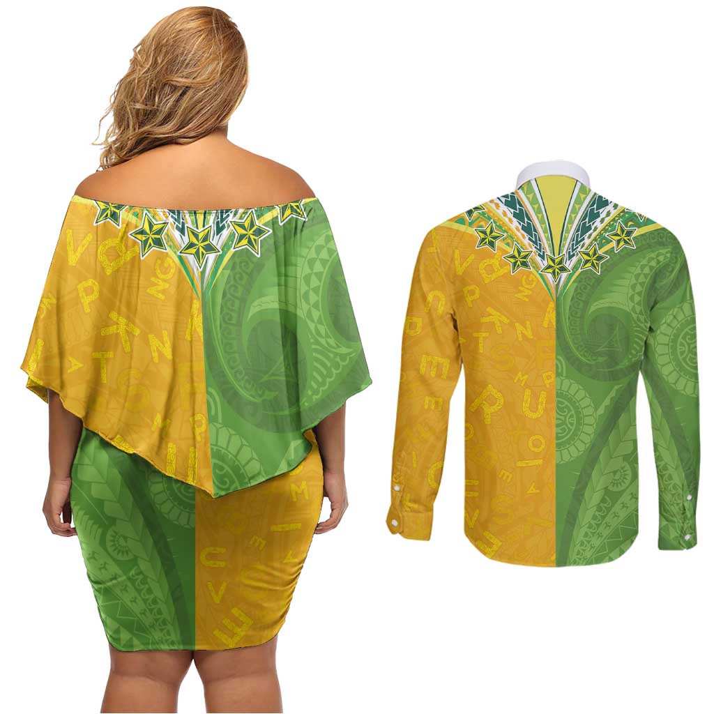 Cook Islands Language Week Couples Matching Off Shoulder Short Dress and Long Sleeve Button Shirt Tatau Pattern and Rarotongan Alphabet - Polynesian Pride