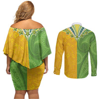 Cook Islands Language Week Couples Matching Off Shoulder Short Dress and Long Sleeve Button Shirt Tatau Pattern and Rarotongan Alphabet - Polynesian Pride