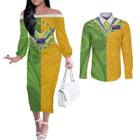 Cook Islands Language Week Couples Matching Off The Shoulder Long Sleeve Dress and Long Sleeve Button Shirt Tatau Pattern and Rarotongan Alphabet - Polynesian Pride