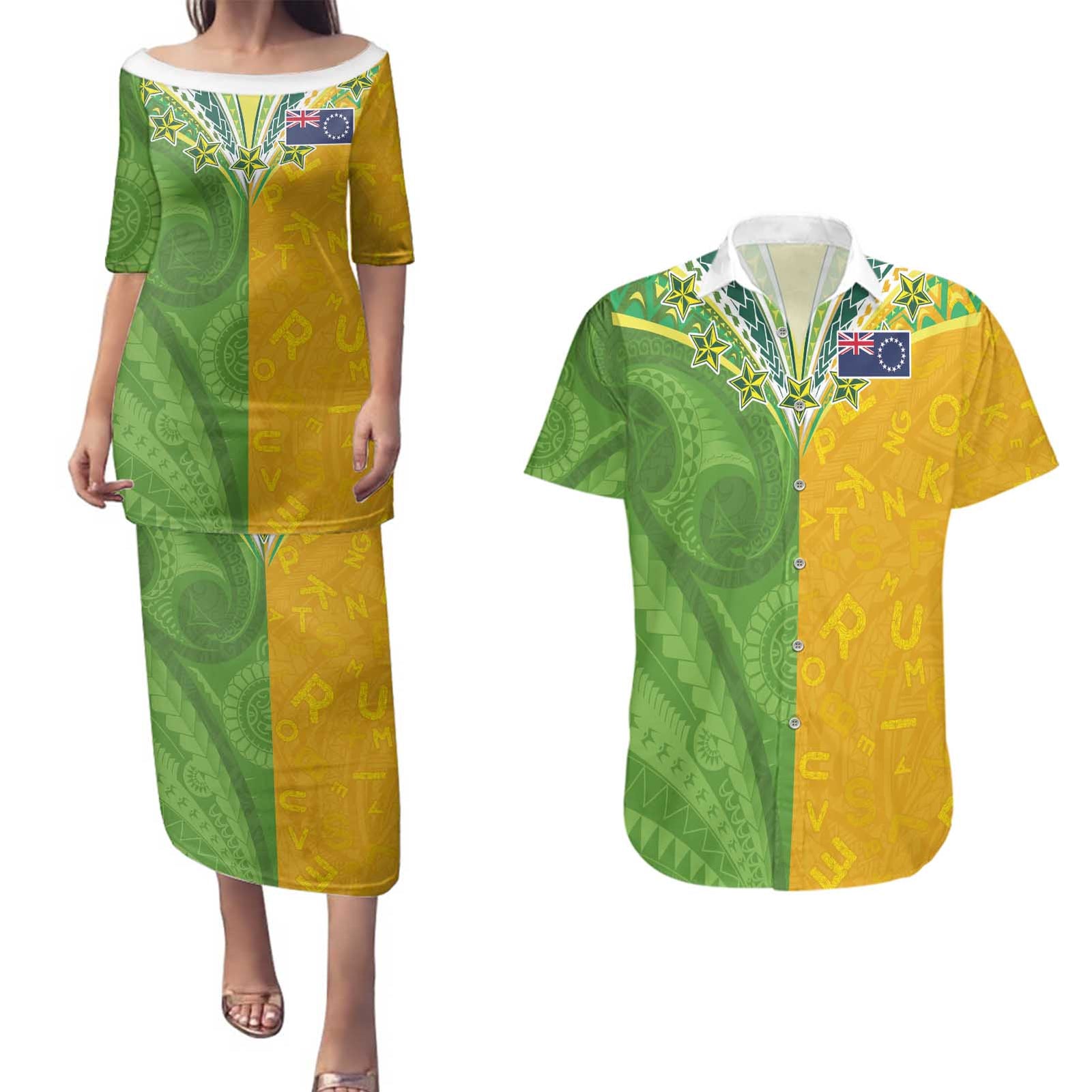 Cook Islands Language Week Couples Matching Puletasi and Hawaiian Shirt Tatau Pattern and Rarotongan Alphabet - Polynesian Pride