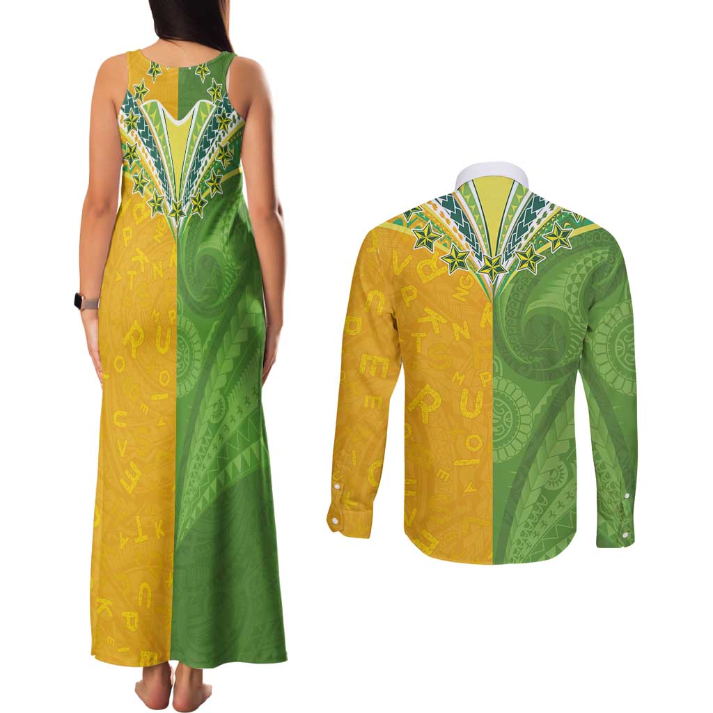 Cook Islands Language Week Couples Matching Tank Maxi Dress and Long Sleeve Button Shirt Tatau Pattern and Rarotongan Alphabet - Polynesian Pride