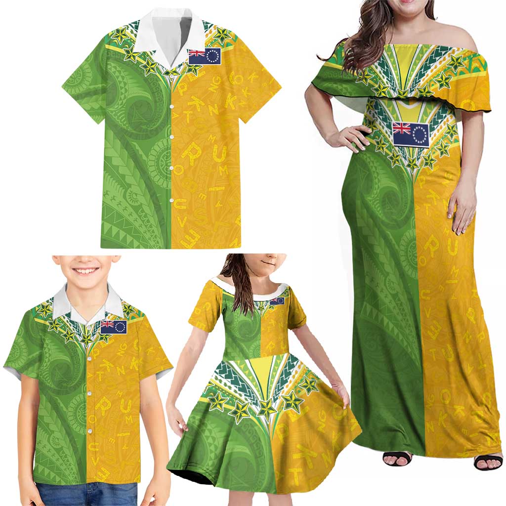 Cook Islands Language Week Family Matching Off Shoulder Maxi Dress and Hawaiian Shirt Tatau Pattern and Rarotongan Alphabet - Polynesian Pride