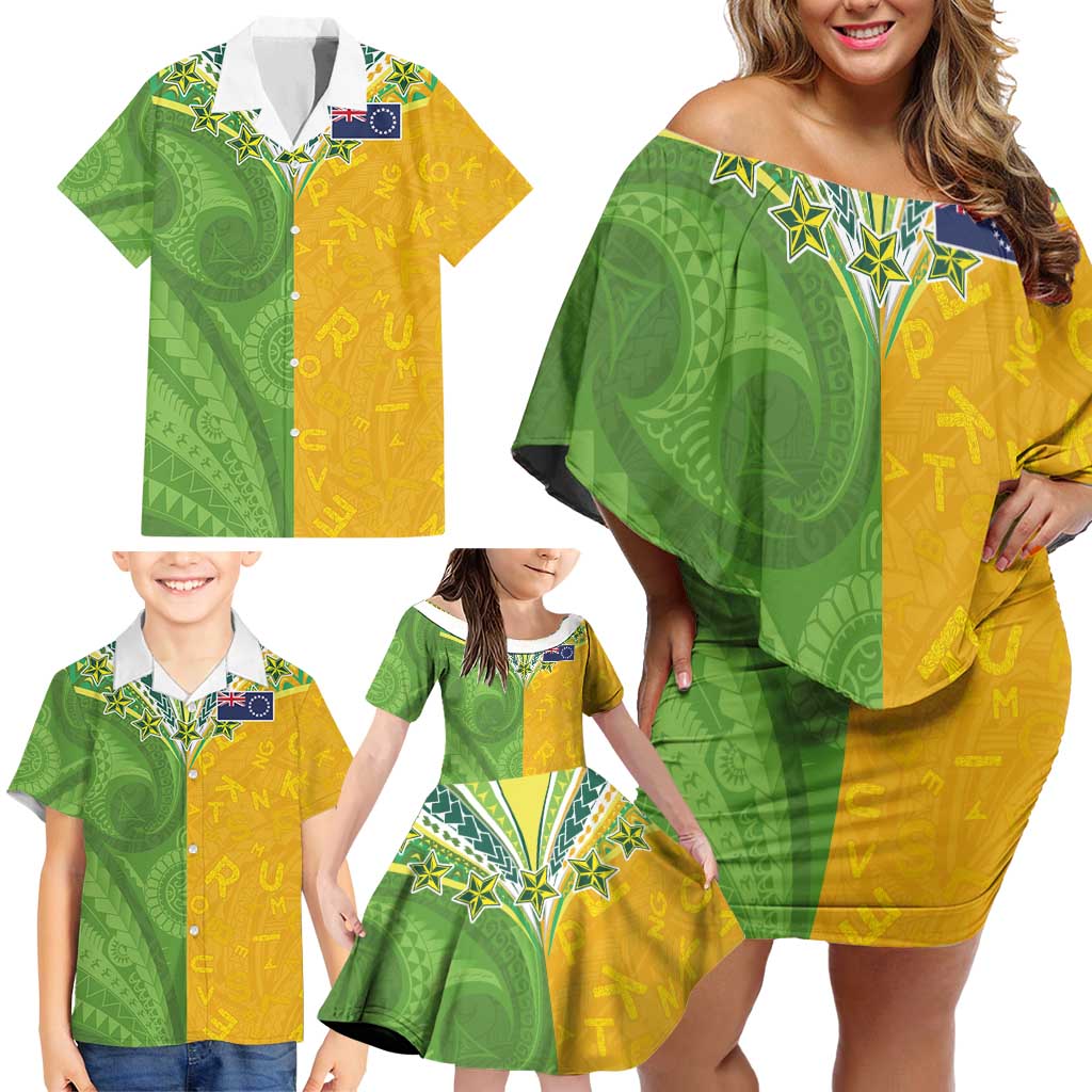 Cook Islands Language Week Family Matching Off Shoulder Short Dress and Hawaiian Shirt Tatau Pattern and Rarotongan Alphabet - Polynesian Pride