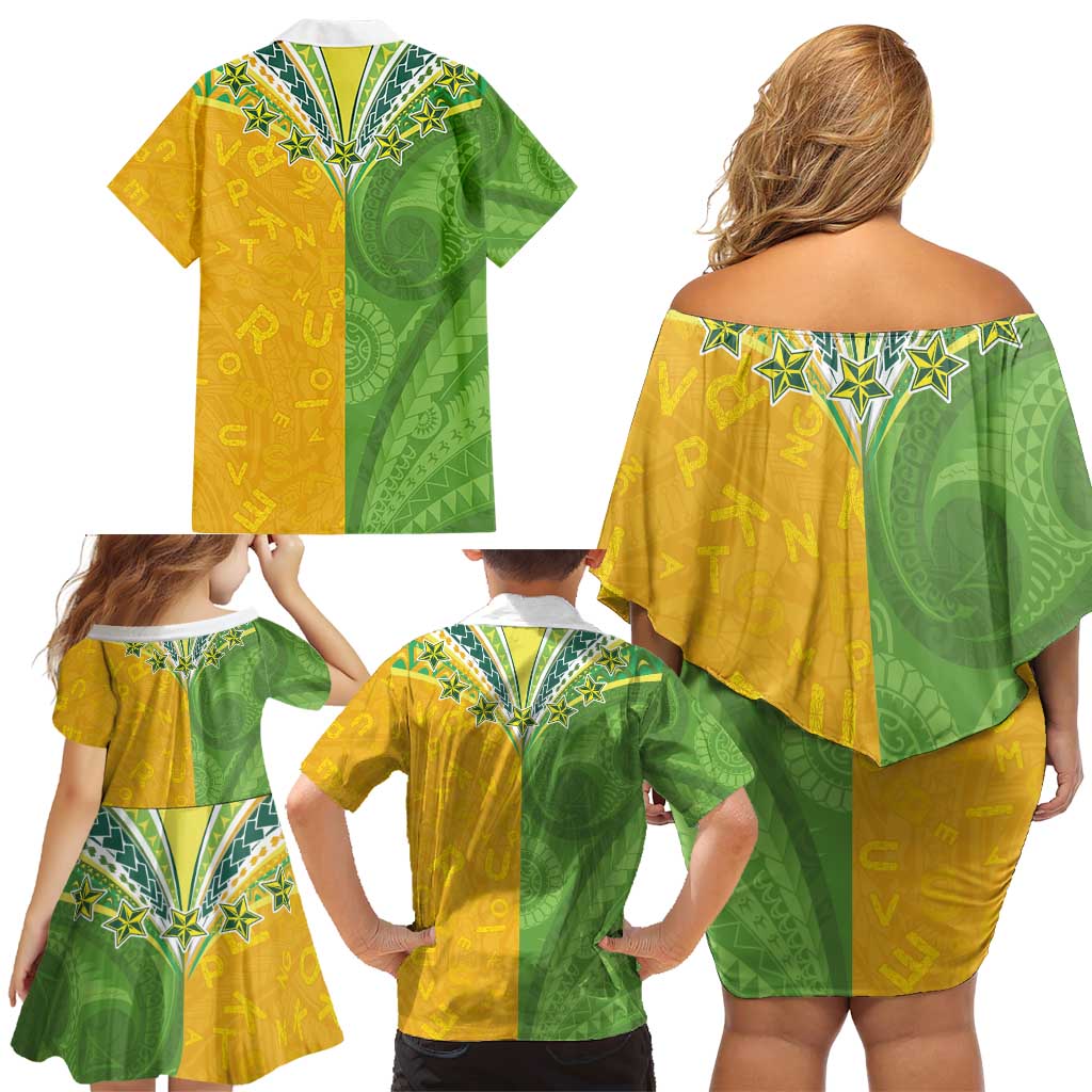 Cook Islands Language Week Family Matching Off Shoulder Short Dress and Hawaiian Shirt Tatau Pattern and Rarotongan Alphabet - Polynesian Pride