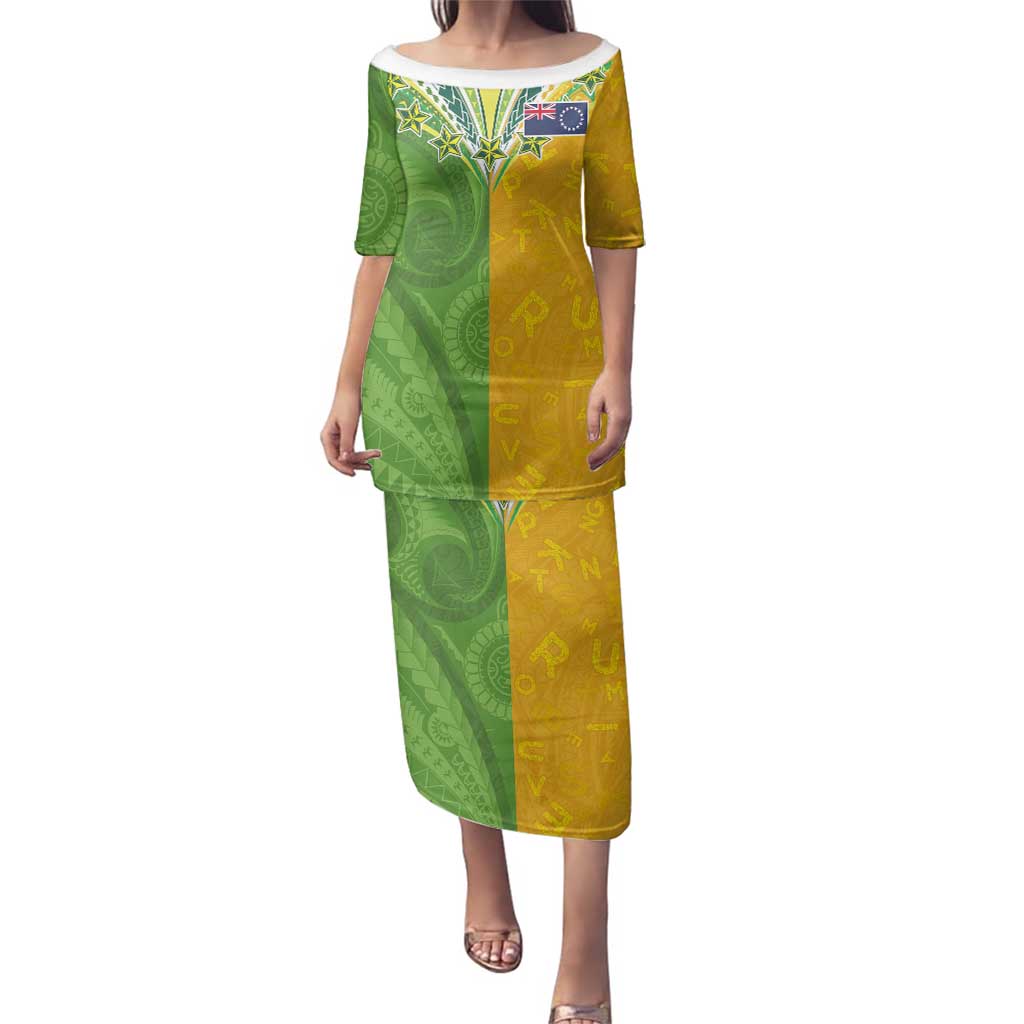 Cook Islands Language Week Family Matching Puletasi and Hawaiian Shirt Tatau Pattern and Rarotongan Alphabet - Polynesian Pride