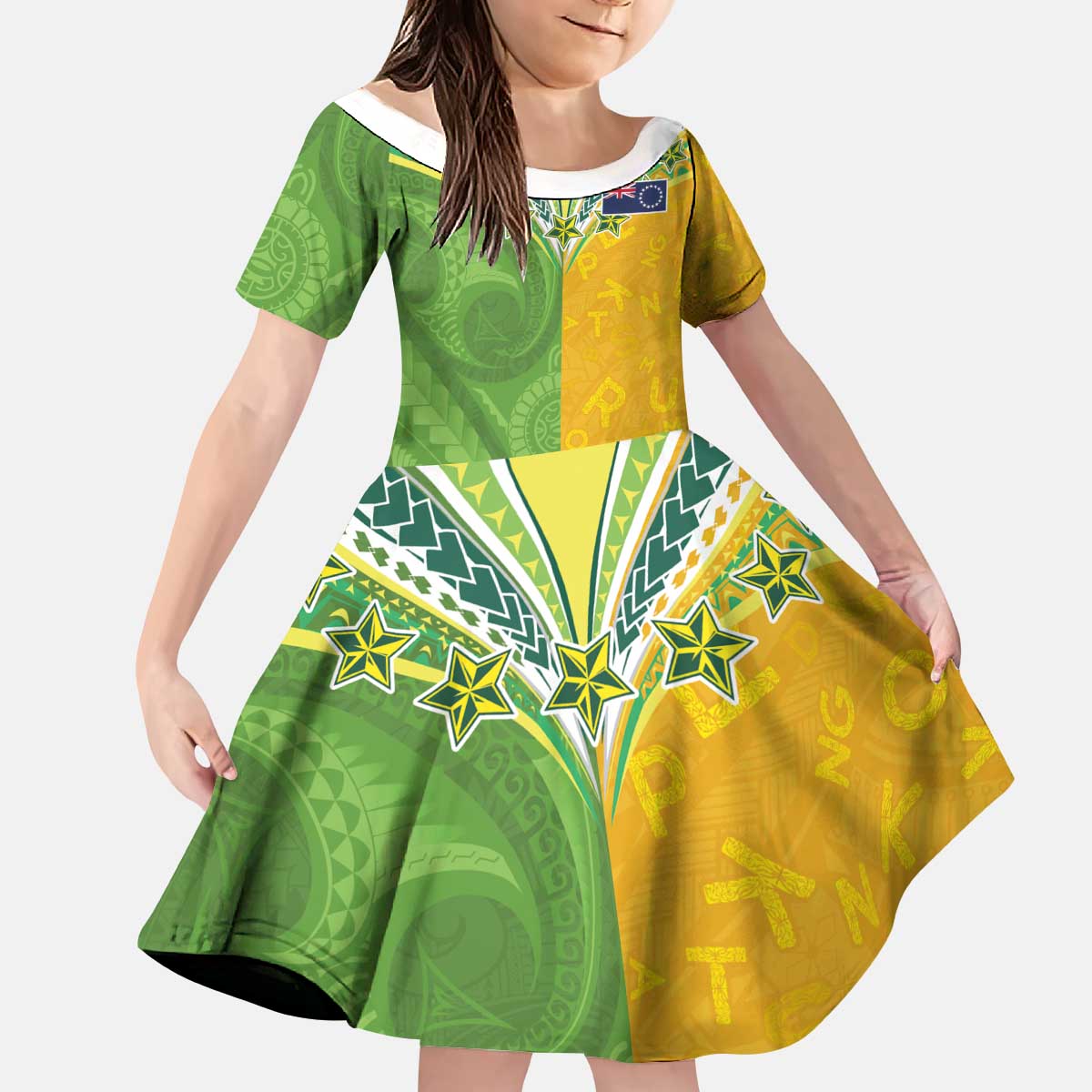 Cook Islands Language Week Kid Short Sleeve Dress Tatau Pattern and Rarotongan Alphabet - Polynesian Pride