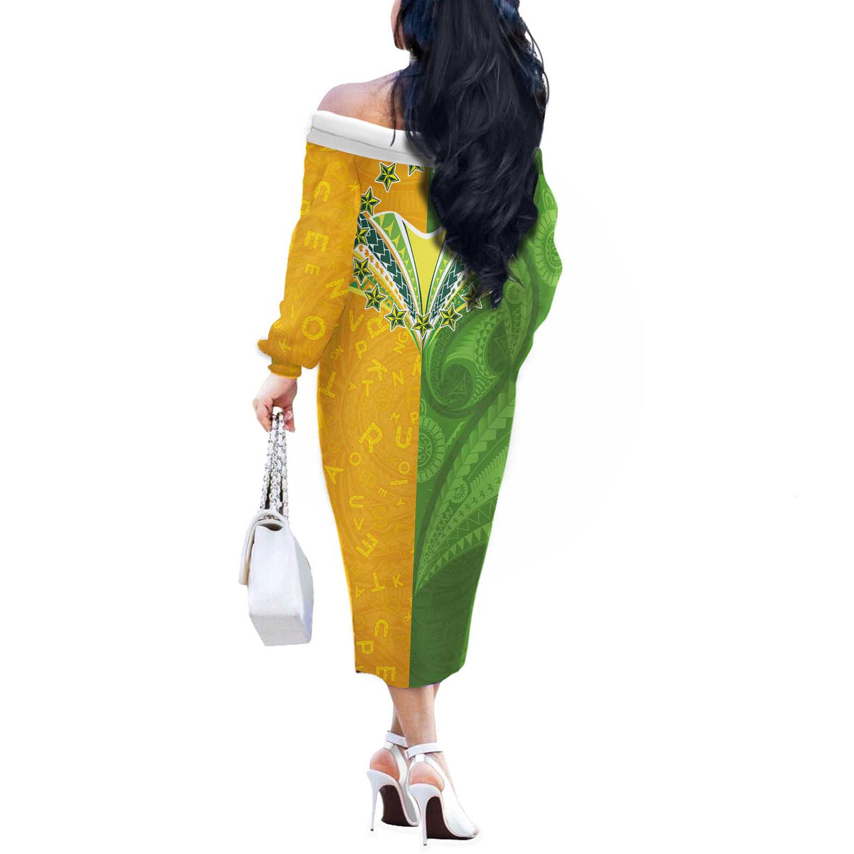 Cook Islands Language Week Off The Shoulder Long Sleeve Dress Tatau Pattern and Rarotongan Alphabet - Polynesian Pride