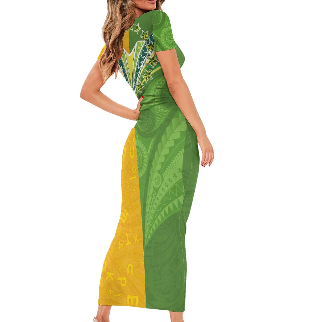 Cook Islands Language Week Short Sleeve Bodycon Dress Tatau Pattern and Rarotongan Alphabet - Polynesian Pride