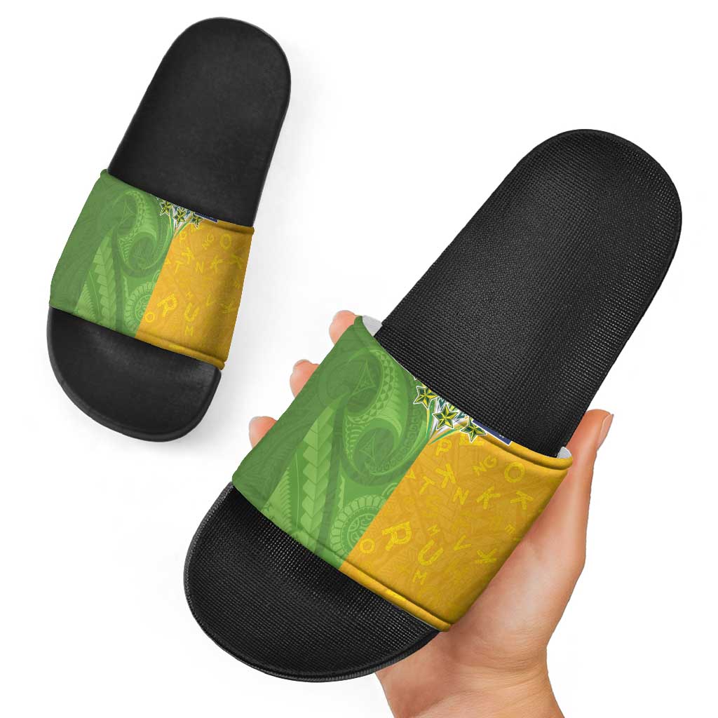 Cook Islands Language Week Slide Sandals Tatau Pattern and Rarotongan Alphabet - Polynesian Pride