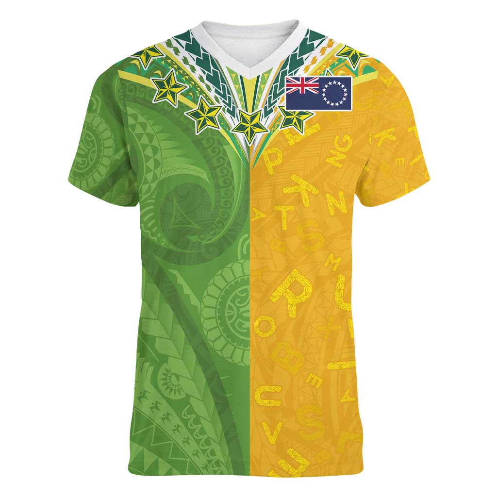 Cook Islands Language Week Women V-Neck T-Shirt Tatau Pattern and Rarotongan Alphabet - Polynesian Pride