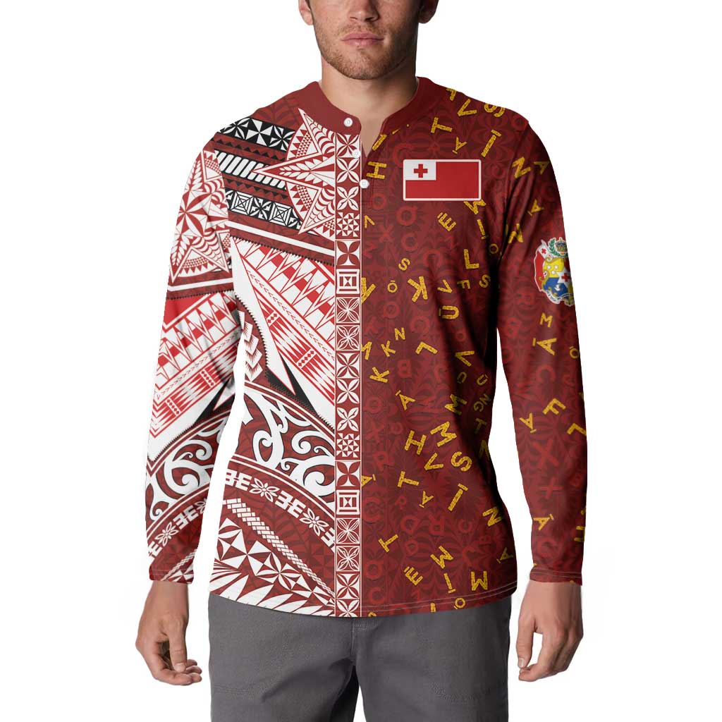 Tonga Language Week Button Sweatshirt Ngatu Pattern and Tongan Alphabet - Polynesian Pride