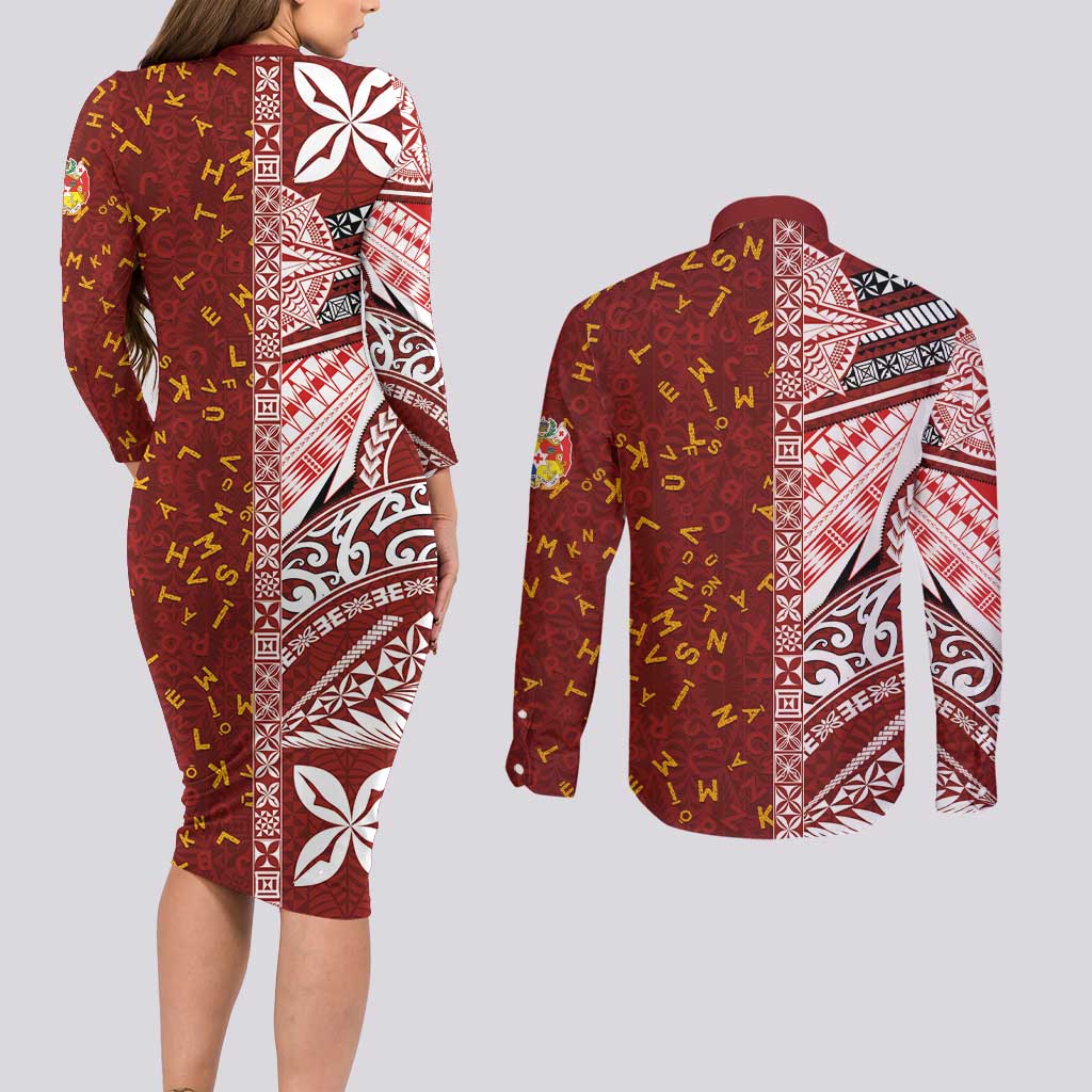 Tonga Language Week Couples Matching Long Sleeve Bodycon Dress and Long Sleeve Button Shirt Ngatu Pattern and Tongan Alphabet - Polynesian Pride