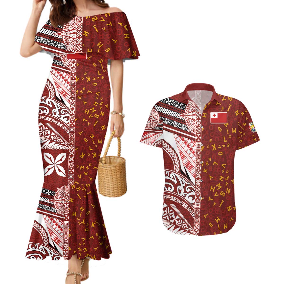 Tonga Language Week Couples Matching Mermaid Dress and Hawaiian Shirt Ngatu Pattern and Tongan Alphabet - Polynesian Pride
