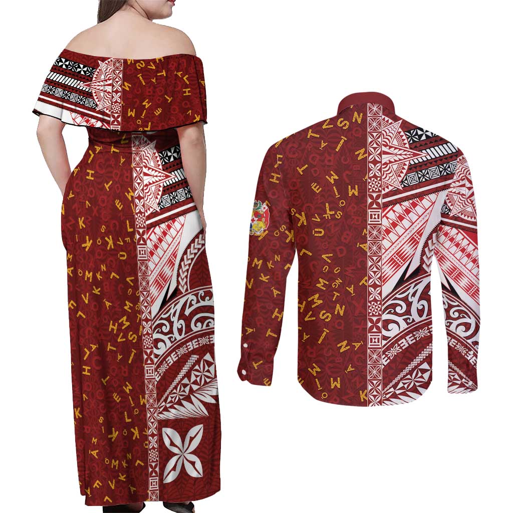 Tonga Language Week Couples Matching Off Shoulder Maxi Dress and Long Sleeve Button Shirt Ngatu Pattern and Tongan Alphabet - Polynesian Pride