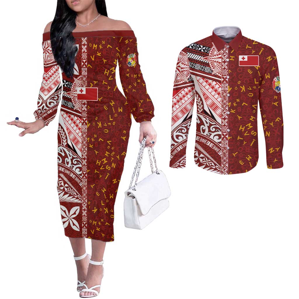 Tonga Language Week Couples Matching Off The Shoulder Long Sleeve Dress and Long Sleeve Button Shirt Ngatu Pattern and Tongan Alphabet - Polynesian Pride